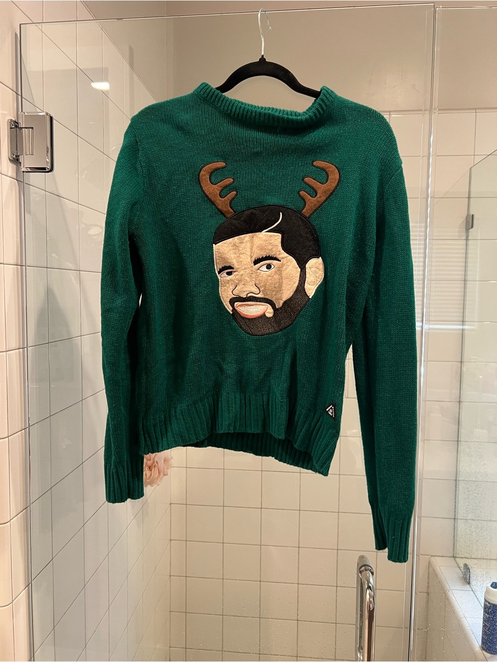 Green Mens Crewneck Sweater with Reindeer Patch